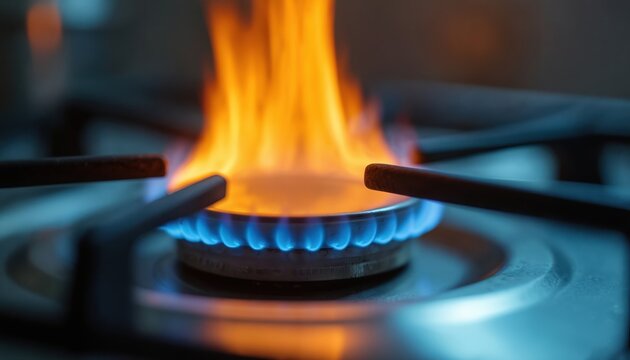 Bright blue and orange flames burn from a gas stove burner. The close up shot shows intense heat from kitchen appliance. Danger of fire and cooking hazards.