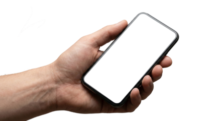 Close up hand holding modern bezel-less smartphone with blank white screen mockup, isolated on white background, realistic style, Generative AI