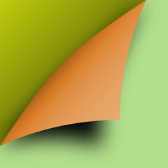 Colorful corner of a page curling at the edge, revealing a vibrant folded paper layer with a bright peeling sticker effect; the turning sheet casts a dynamic shadow across the document as the bent, mu