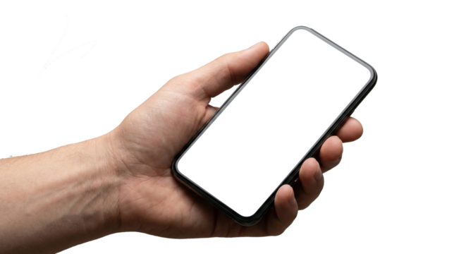 Close up hand holding modern bezel-less smartphone with blank white screen mockup, isolated on white background, realistic style, Generative AI
