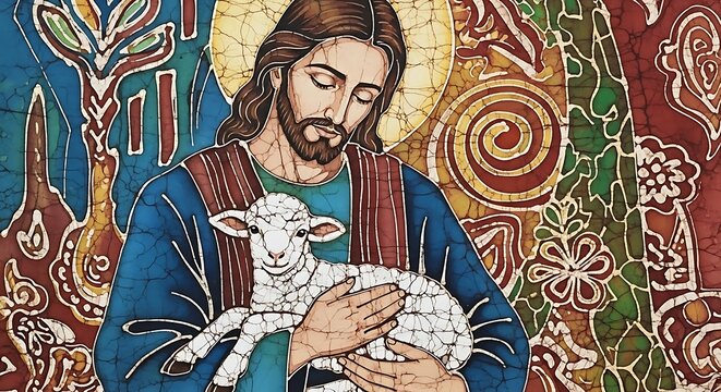 Jesus Christ as the Good Shepherd holding a lamb in a vibrant batik painting.