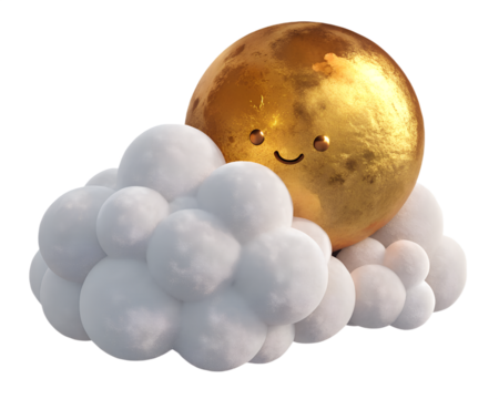 3D emoji of a fluffy cloud hugging a golden moon, soft plush texture + shiny moon metal, dreamy vibe, clean edges, transparent background
