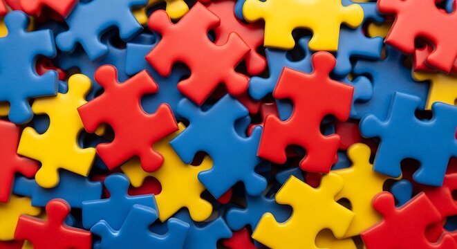 A vibrant closeup of numerous colorful puzzle pieces in red, blue, and yellow, symbolizing connection, problemsolving, and autism