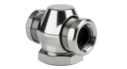 Chrome Plated Brass Tee Compression Fitting or Gland Isolated Product Shot isolated on Transparent Background