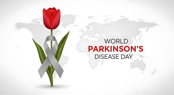 Global awareness for parkinsons disease day, featuring a red tulip and a grey ribbon, representing hope and support for patients worldwide