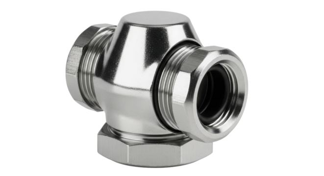 Chrome Plated Brass Tee Compression Fitting or Gland Isolated Product Shot isolated on Transparent Background