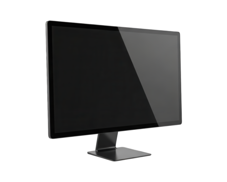 Sleek modern computer display stands against a dark background with a reflective screen surface