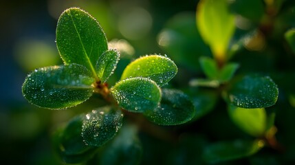 Close up of vibrant green leaves with sparkling morning dew drops.