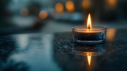 Glowing tea light candle on reflective dark surface with blurred bokeh lights in background creating peaceful ambiance for meditation or remembrance.