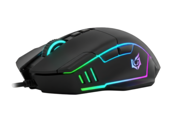 Ergonomic wired computer peripheral device illuminates with vibrant colorful light effects