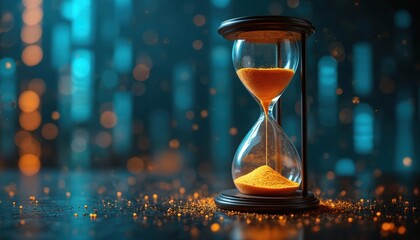 Classic hourglass with orange sand flows down, marking passing time. Sits on dark reflective surface with glowing particles. Background features abstract blue, orange digital data lights, modern tech