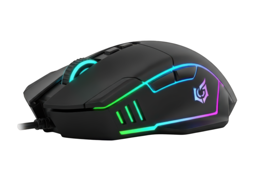 Ergonomic wired computer peripheral device illuminates with vibrant colorful light effects