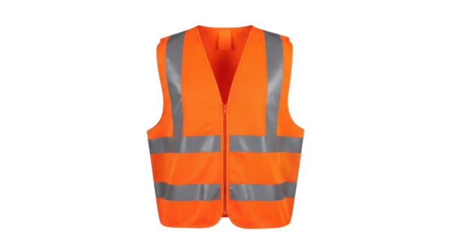 Bright Orange High Visibility Safety Vest with Reflective Strips Product Shot isolated on Transparent Background