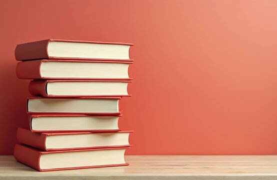 Stack of red hardcover books rests on a wooden table. Clean orange background provides ample copy space for text or design elements. Ideal for educational themes, back to school, or library concepts.