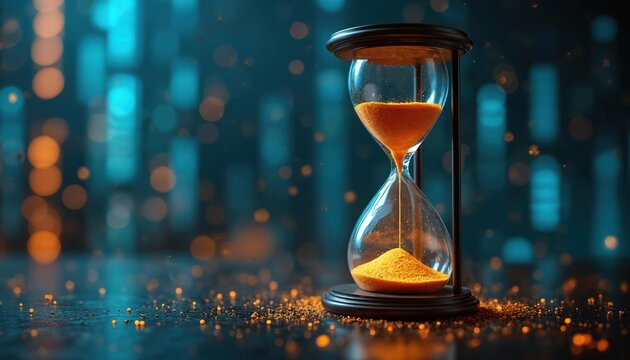 Classic hourglass with orange sand flows down, marking passing time. Sits on dark reflective surface with glowing particles. Background features abstract blue, orange digital data lights, modern tech - Powered by Adobe