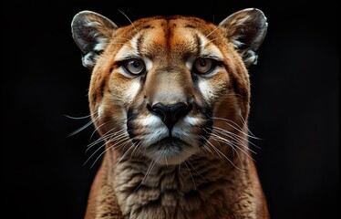 Close-up portrait of majestic mountain lion with intense gaze against black background, showcasing detailed facial features and golden-brown fur.