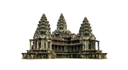 Detailed Ancient Cambodian Temple Monument Cutout with Three Tall Stone Spires isolated on Transparent Background