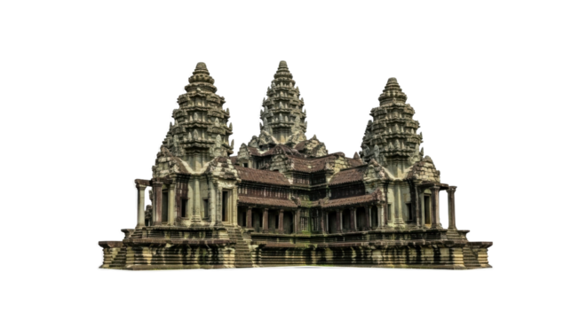 Detailed Ancient Cambodian Temple Monument Cutout with Three Tall Stone Spires isolated on Transparent Background