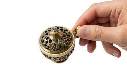 Hand holding small ornate antique brass censer or incense burner isolated on Transparent Background