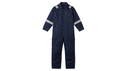 Dark Blue Protective Workwear Jumpsuit with Reflective Safety Strips isolated on Transparent Background