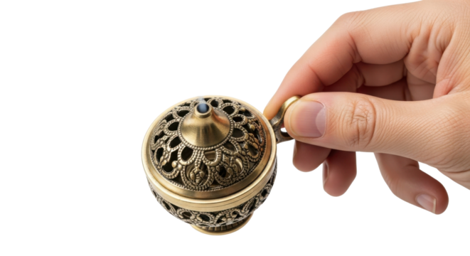 Hand holding small ornate antique brass censer or incense burner isolated on Transparent Background
