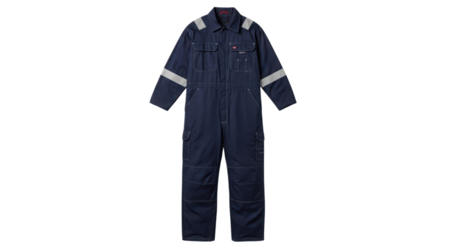 Dark Blue Protective Workwear Jumpsuit with Reflective Safety Strips isolated on Transparent Background