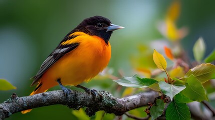 Fototapeta premium Baltimore oriole perched on tree branch with vibrant orange plumage and black head, surrounded by green leaves in natural habitat.