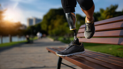 Blurred upper body with sharp detailed prosthesis and running shoes on outdoor bench at daybreak, with copy space
