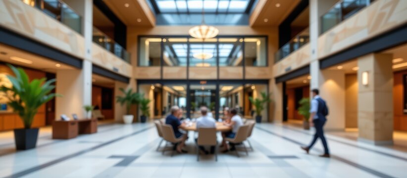 Modern office space with a meeting area and glass ceiling, featuring plants and people.