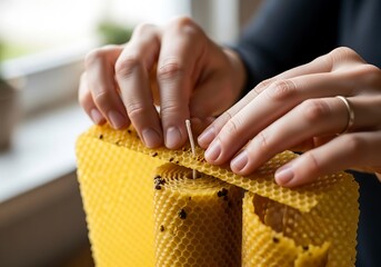 Artisan shaping beeswax sheets into beautiful decorative candles with care