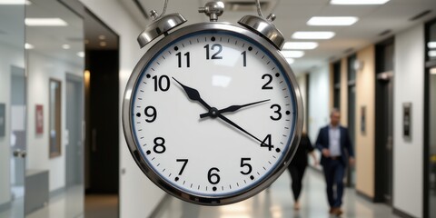 Clock in office with professionals walking in the background.