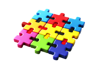 Colorful interlocking puzzle pieces forming a square isolated on white background