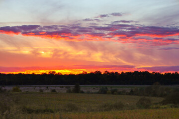 A vibrant autumn sunset floods the sky with intense shades of orange, red, and pink above a dark tree line on the horizon.