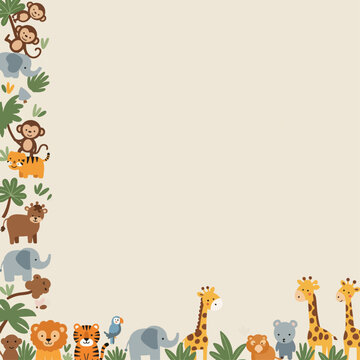 A charming border illustration featuring a variety of cartoon jungle animals and foliage on a light beige background.