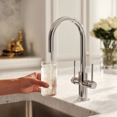 Hand filling a glass of sparkling water from a modern chrome kitchen faucet