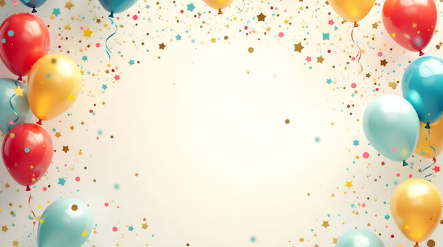 Celebration and party background with vibrant colorful flying balloons in shades of red, blue, yellow, and green, confetti glitters in metallic and glittery textures for a festive event and holiday 