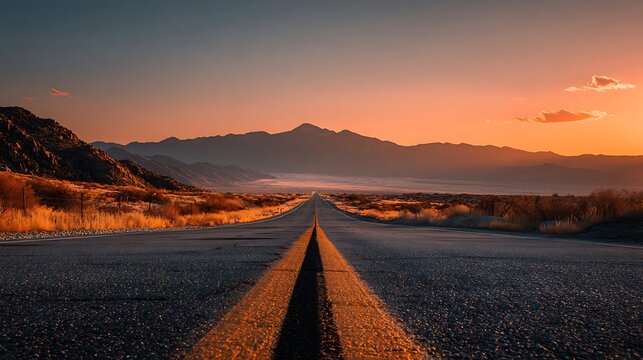 A long, straight road stretches towards distant mountains under a vibrant sunset sky, evoking a sense of adventure and the open road - Powered by Adobe