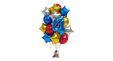 Foil Balloon Bouquet featuring Blue Number Four, Stars, and Round Shapes isolated on Transparent Background