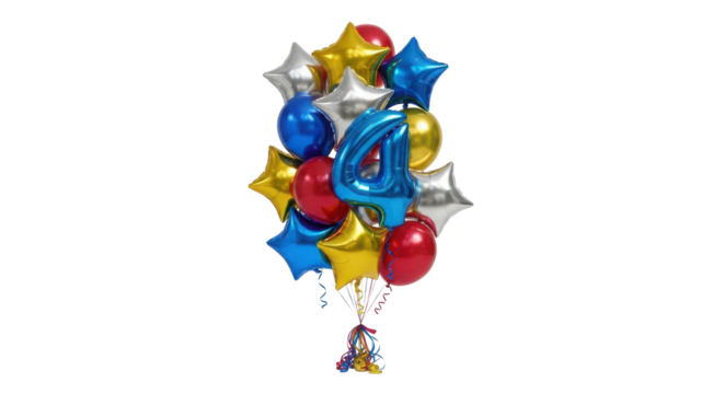 Foil Balloon Bouquet featuring Blue Number Four, Stars, and Round Shapes isolated on Transparent Background