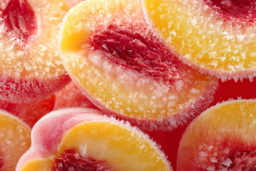 Background of a peach frozen in half. Advertisement for frozen berries and fruits.