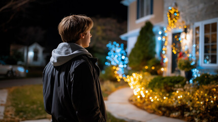 Back turned character beside clear focused glowing holiday decorations on residential facade at night, with copy space