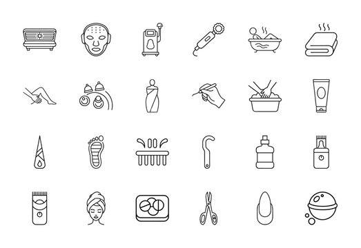 Beauty and spa line icon set. Vector pictograms of tanning bed, face mask, massager, bathtub, towels, cupping, lotion, hair clipper, and bath bomb, thin linear illustration.