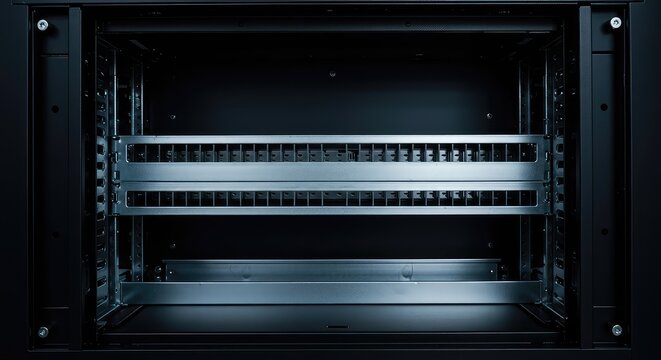 A close-up view of the interior structure of an empty server rack cabinet, showcasing the mounting holes and metal framework ,system ,architecture ,detail