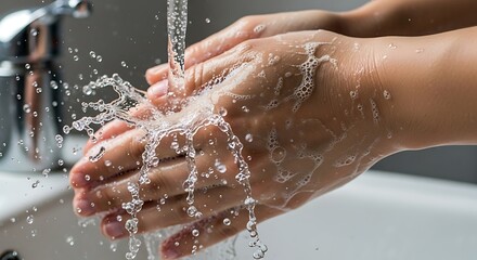 Close-up of human hands washing under a stream of fresh running water, creating dynamic splashes in a bathroom sink, emphasizing hygiene and cleanl...