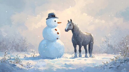 snowmen standing next to a horse in the winter forest 
