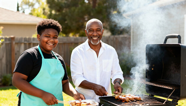 Smiling African American grandfather and grandson grilling together in a backyard. Senior man and teenage boy cooking meat skewers at a summer barbecue. Family bonding and quality time concept.