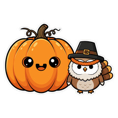 Charming Autumn Friends A Delightful Cartoon Pumpkin and Adorable Pilgrim Owl Design Celebrating Fall