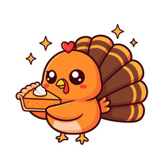 Adorable cartoon turkey celebrating autumn harvest with a delicious slice of pumpkin pie