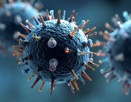 Microscopic view of a viral pathogen with protein spikes