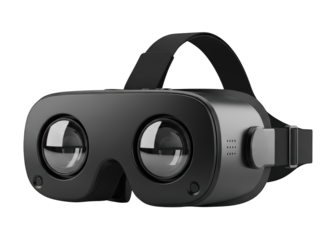 Modern black head mounted display device featuring prominent lenses and adjustable straps isolated on a white background